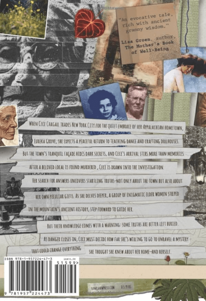 The back cover of 'A Witch Awakens' features a collage of images and textures, including portraits of diverse people, foliage, and handwritten text, alluding to the story's themes of mystery and supernatural elements.